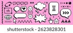 Pixel speech bubble set - 8 bit style chat boxes, dialogue balloons, emoticon icons on pink background. Retro collection of pixelated squares, circles, hearts and thought clouds. Nostalgic elements