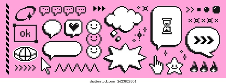 Conjunto de balões de fala Pixel - caixas de bate-papo estilo 8 bits, balões de diálogo, ícones emoticon no fundo rosa. Coleção retrô de quadrados pixelados, círculos, corações e nuvens de pensamento. Elementos nostálgicos