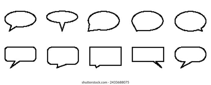 Pixel speech bubble set. Pixel art element for dialog box. Computer 8 bit graphic. Speech bubble retro design. Vector illustration
