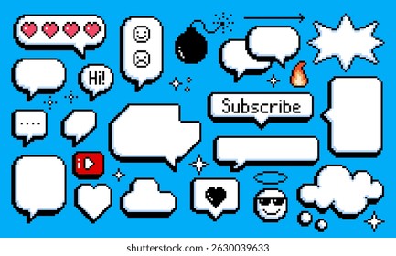 Pixel balão definir caixas de bate-papo, balões de diálogo, ícones emoticon no fundo azul. Ilustração vetorial