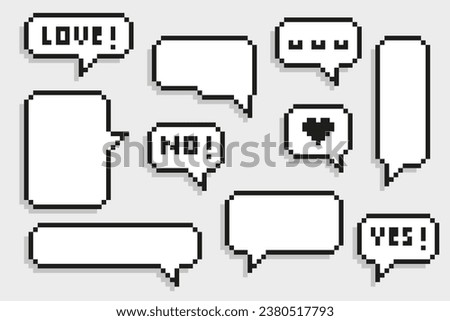 Pixel speech bubble set with a few popular words. Bubbles of different shapes with empty space. Vector illustration on isolated background.