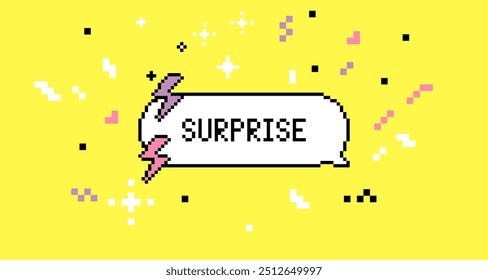 Pixel speech bubble text saying Surprise with sparkles. Y2k trendy sticker in pixel art. 8 bit retro style vector background. Simple geometric form. Mood of 90's aesthetics