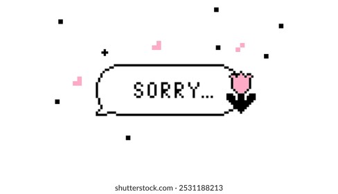 Pixel speech bubble text saying Sorry with flower and confetti. Y2k sticker in pixel art. 8 bit retro style vector background. Simple geometric form. Apologize sign. Game abstract element