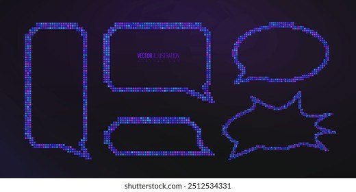 Pixel speech bubbles in 8-bit style. Set elements for retro game UI, chat messages, and pixel art designs. Vector illustration