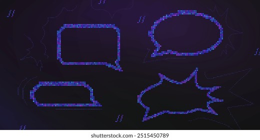 Pixel speech bubbles in 8-bit style. Set elements for retro game UI, chat messages, and pixel art designs. Vector illustration