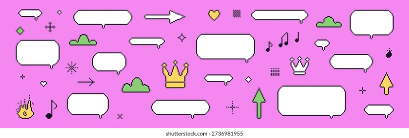 Pixel speech bubbles blanks. 8 bit y2k dialogue boxes set. Game childish pixel art chat text boxes with crown, music note, arrows. Vector talk frames balloons kids messages isolated on pink backdrop.