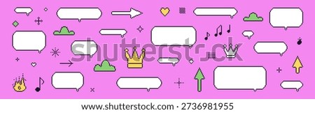 Pixel speech bubbles blanks. 8 bit y2k dialogue boxes set. Game childish pixel art chat text boxes with crown, music note, arrows. Vector talk frames balloons kids messages isolated on pink backdrop.