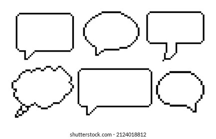 Pixel speech bubbles. Pixel speech bubble icon. Set of 6 empty pixelated speech bubbles. Vector illustration EPS 10