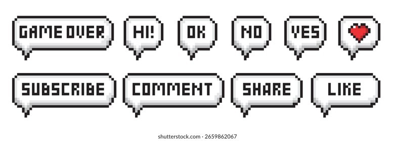 Bolhas de fala em pixels. Fala ou diálogo de bate-papo. Conjunto de bolhas de fala em pixels vazias. Ilustração vetorial sobre fundo branco.