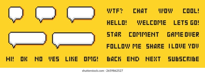 Bolhas de fala em pixels. Fala ou diálogo de bate-papo. Conjunto de bolhas de fala em pixels vazias. Ilustração vetorial em fundo amarelo.