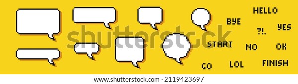 Pixel speech bubbles.\
Chat speech or dialogue. Set of empty pixelated speech bubbles.\
Vector illustration