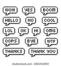 Pixel speech bubbles or chat icon, pixel art communication bubbles with shadow on white background.