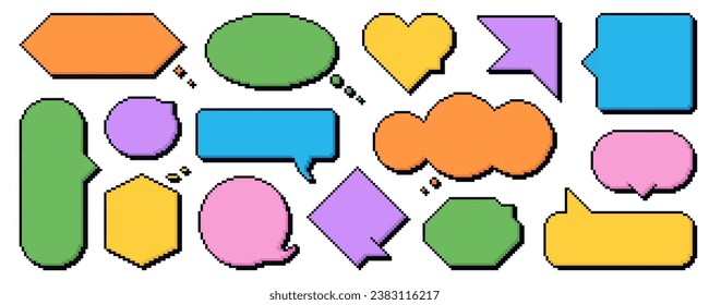 Pixel speech bubbles. Colored vector dialogue boxes. Chat speech or dialogue. Set of empty pixelated speech bubbles.