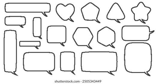 Pixel speech bubbles for game design and chart. Retro chat box for dialog comments and messages. Conversation balloon vector shapes. Set of 8 bit cartoon elements on white background.