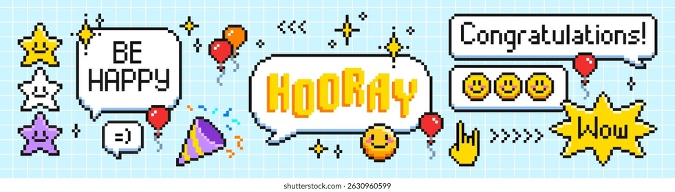Pixel speech bubbles and icons set isolated on background. Vector illustration of messenger chat boxes with text and emotions, retro style stars, confetti, air balloon, hand signs, retro message