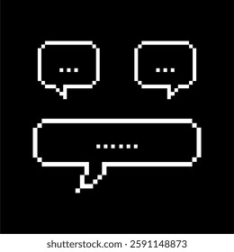 Pixel Speech Bubbles – Retro Chat Icon Set. Minimalist pixel-style speech bubbles with a retro 8-bit aesthetic. Ideal for gaming, chat applications, digital communication,