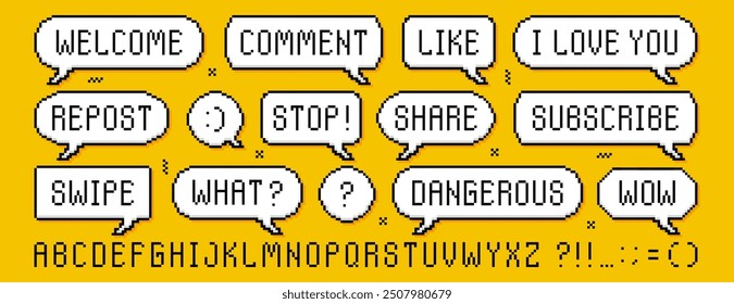 Pixel speech bubbles set. Dialogue boxes with worlds isolated on yellow background. Pixeled alphabet letters, game font and punctuation marks. Message frame with text. Chat clouds in 8bit retro style