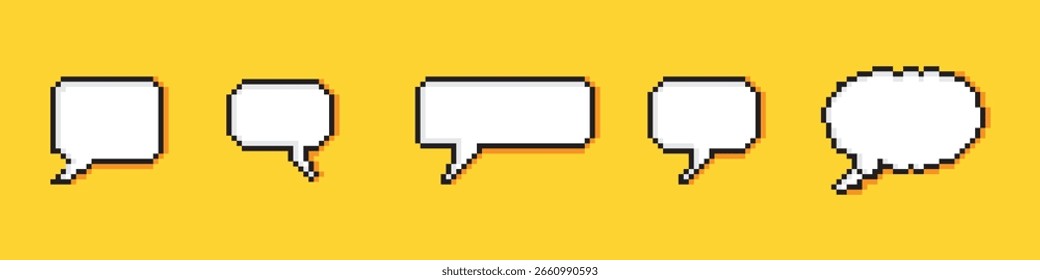 Pixel speech bubbles. Set of empty pixel speech bubbles. Vector illustration on yellow background