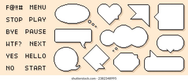 Pixel speech bubbles with set of game words. Vector dialogue boxes. Chat speech or dialogue. Set of empty pixelated speech bubbles.