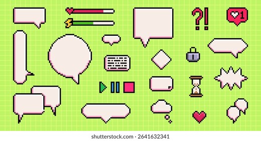 Pixel speech bubbles set on green grid background - retro 8 bit chat boxes, dialogue balloons with hearts, question marks and game UI element. Vintage message frames for arcade gaming interface design