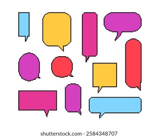 Pixel speech bubbles various colorful fill shapes vector set. Chat message or dialogue 8 bit empty pixelated speech clouds black frames. Cartoon communication retro dotted outline text ui interface