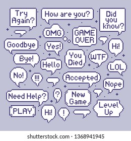 Pixel speech bubbles. Video game talk balloon, retro 8 bit speech bubble and computer games speak. Videogames pixel quotation speech talking. Vector illustration isolated symbols set