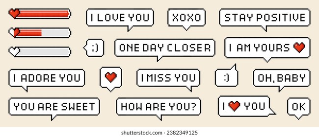 Pixel speech bubbles with worlds and phrases of love theme. Vector dialogue boxes with hearts. Chat speech or dialogue.  8-bit heart or love loading set.