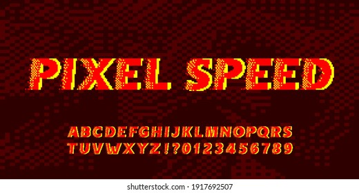 Pixel Speed alphabet font. Fast wind effect letters and numbers. 80s arcade video game typeface.