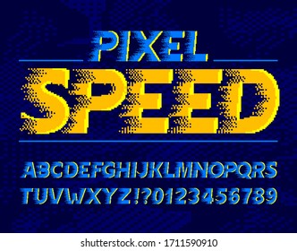 Pixel Speed alphabet font. Wind effect digital letters and numbers. Pixel background. 80s arcade video game typescript.