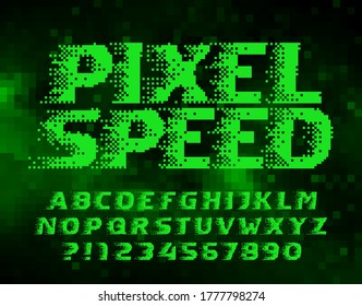 Pixel Speed alphabet font. Wind effect letters and numbers. Abstract pixel background. 80s arcade video game typescript.
