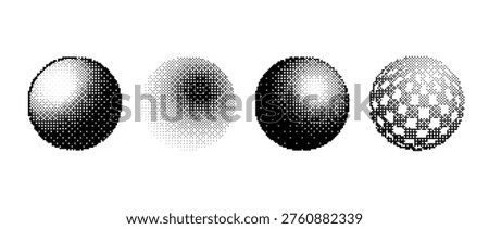 Pixel sphere shape set. Bitmap 3D globe form collection. Dither circle element pack for graphic design, banner, poster, leaflet. Rasterized effect halftone ball pack. Vector trend Y2K geometric bundle