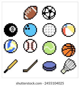 pixel Juego de bolas deportivas. Iconos de pelota. Balones para Fútbol, Fútbol, Baloncesto, Tenis, Béisbol, Voleibol. Ilustración vectorial, hockey, balón de golf de volantes, bola de canaleta de bolos, bola de playa