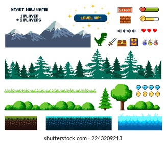 Sprite de píxeles, bosque, árboles, arbustos. Tierra y utilería. Espíritu retro de 8 bits. Conjunto aislado de vectores