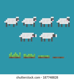 Pixel sprites. Sheep and grass. Game animation sprite. 8-bit style graphics. Ready to use. Easy to edit. Vector illustration - EPS10.