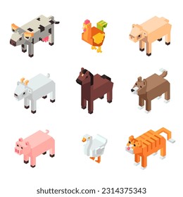 pixel square figures animals  livestock   cattle  Isolated cow   chicken  pig   sheep  horse   goose  goat   kitten  Plaything toys for children  vector in flat style illustration