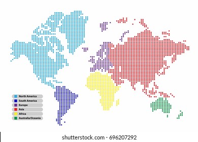 Pixel (Square) shape world map continent in Multicolor on white background, vector illustration.