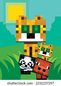Pixel square tiger sits in nature with little foster children