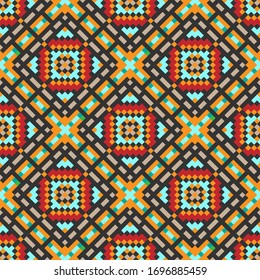 Pixel squares and rhombuses. Bright colorful mosaic seamless pattern. Vector graphic illustration. Background. Texture.