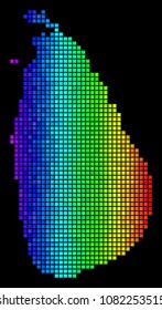 Pixel Sri Lanka Island Map. Vector geographic plan in glossy spectrum color hues on a black background. Abstract Sri Lanka Island Map composition is formed of luminous dot elements.