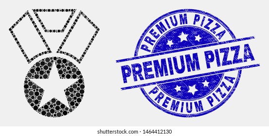 Pixel star award mosaic icon and Premium Pizza stamp. Blue vector rounded textured seal stamp with Premium Pizza phrase. Vector collage in flat style.