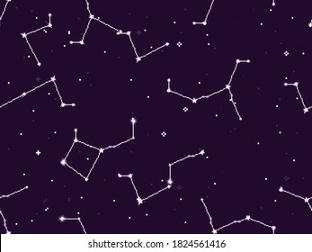 Pixel star constellation. Seamless pattern. Constellation Map. Pixel art 8 bit.