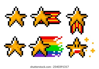 Pixel star. Game stars set, gold medal, star with rainbow trail, smiling star