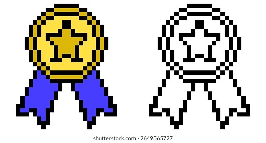 Pixel star medallion vector, a retro-style award for excellence or distinction. Ideal for gaming, digital recognition, or nostalgic designs celebrating high quality and achievement.