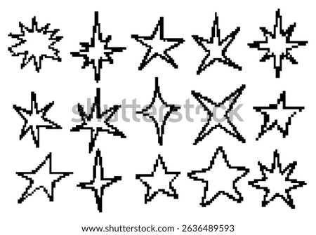 Pixel Star Outline Element Collection. A bold collection of fifteen pixelated star outline elements in retro jagged styles including starbursts diamonds sparkles. Perfect for vintage pixel art