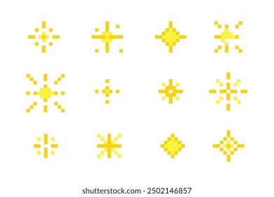 Pixel star retro 8 bit sparkle set. Shiny game pixel art effect set. Firework burst, space decoration. 90s aesthetics, y2k 