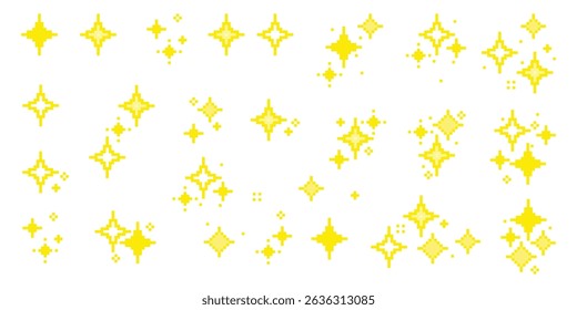Pixel star retro 8 bit sparkle border seamless frame. Shiny game pixel art effect set. Firework burst, space decoration. 90s aesthetics, y2k 