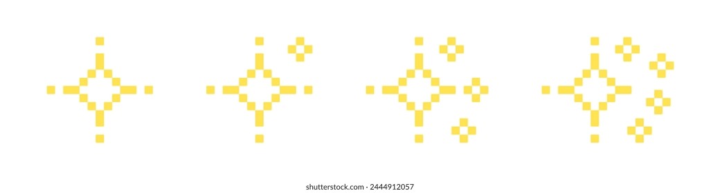  Pixel star set. 8-bit stars. Pixelated stars. Shiny stars pixel art icon set. Sparkling stars pixel art.