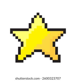Pixel star shape. Shiny yellow form. Retro bright figure. Vector glowing icon.