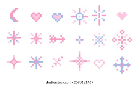 Pixel star sparkle cute retro 8 bit sparkle set. Shiny pink game pixel art effect set. Firework burst, arrow, space decoration. 90s aesthetics, y2k . Vector illustration