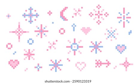 Pixel star sparkle cute retro 8 bit sparkle set. Shiny pink game pixel art effect set. Firework burst, arrow, space decoration. 90s aesthetics, y2k . Vector illustration